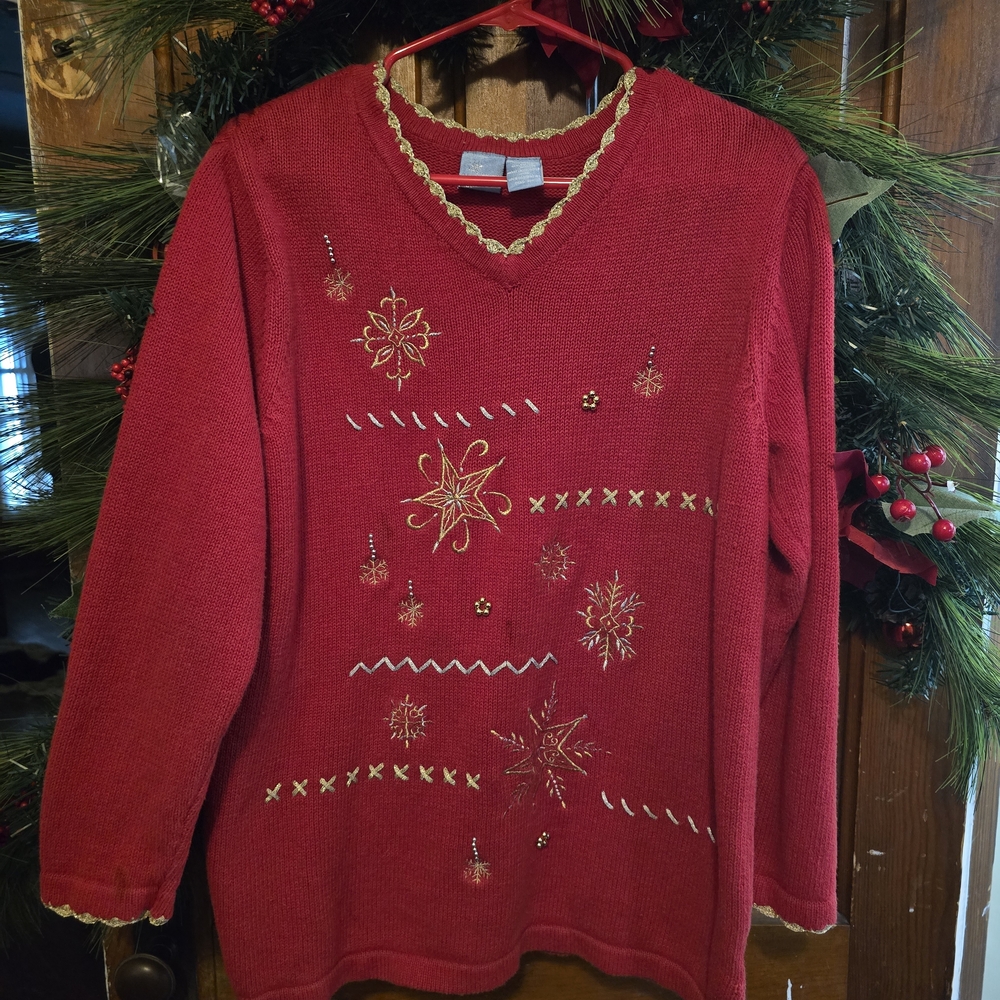Women’s Holiday Editions Christmas Sweater XL Red And gold Embroidered